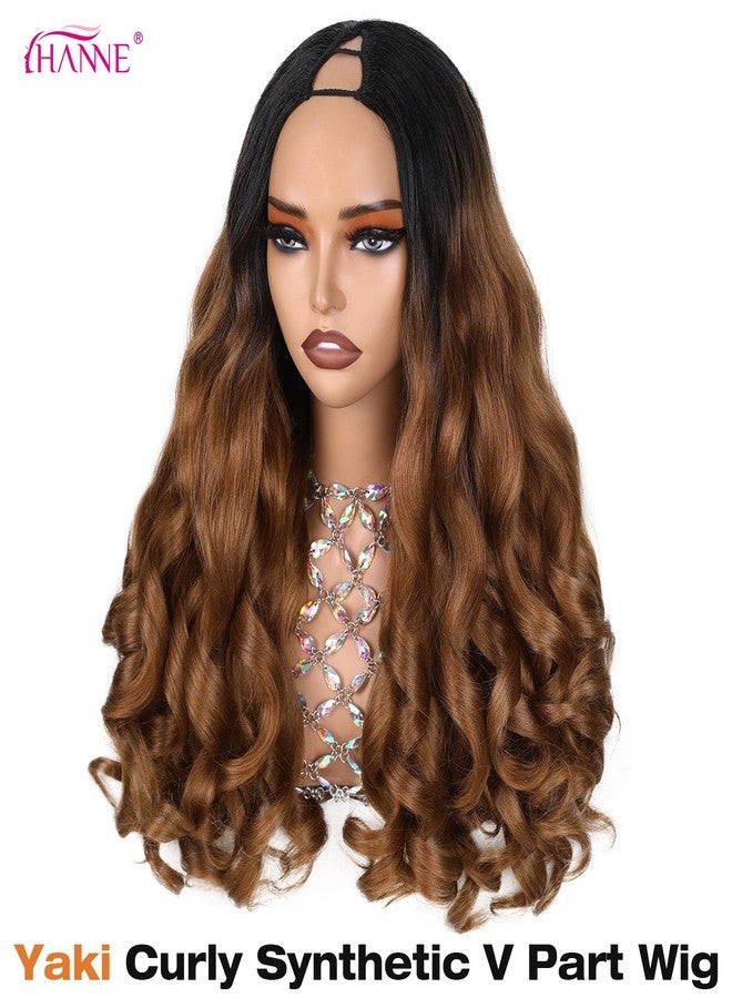 HANNE Yaki Curly V Part Wig U Part Synthetic Half wigs for Black Women 22 Inch Heat-Resistant Hair Replacement Wig (Ombre Brown) - Image 2